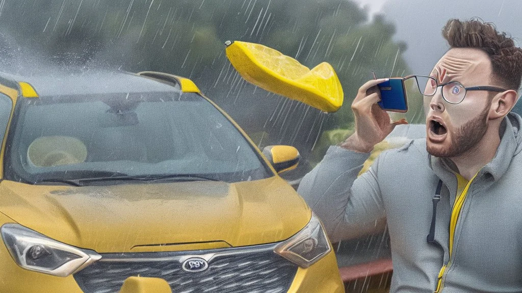 guy in hurricane arguing on cellphone next to his half lemon half kia sportage