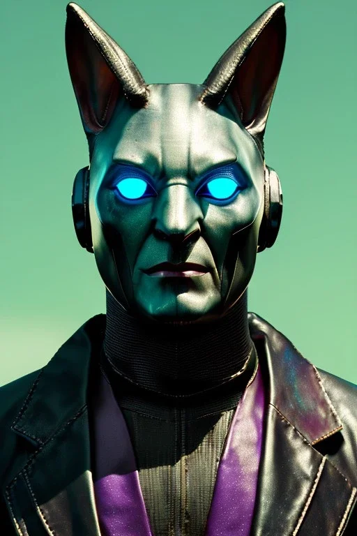 Medium Close Up Portrait, Front image. cyberpunk, rabbit mask helmet, strong man, silver hair. latex suit. Purple, green, color. Joker style. Color background, photo studio. Avatar image, highly detailed, concept art, smooth, unreal engine 5, ray tracing, RTX, lumen lighting, ultra detail, volumetric lighting, 3d, finely drawn, high definition, high resolution.