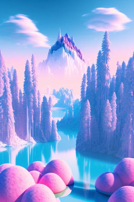  mountain topped with pink ice-cream, lake, trees, mystical, Dada,