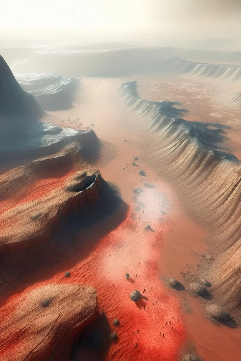 Imagen desde arriba de cerca de la superficie de un planeta desconocido, se puede apreciar el pasaje desertico color rojo, clima seco, con algunas elevaciones rocosas y lagos humeantes, entre rocas algunas especies tipo serpientes y vegetacion parecida a la que hay en los desiertos en el planeta tierra