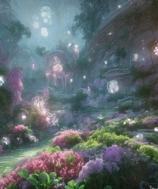 a detailed landscape with ethereal flower neon lights, unique building throughout, unreal engine, cinematic lighting, octane render,