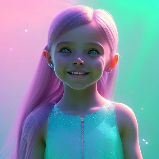 A portrait of a crystalised little girl,smiling, longs hairs, atmospheric, realistic,, cinematic lighting, octane render,, pink turquoise light