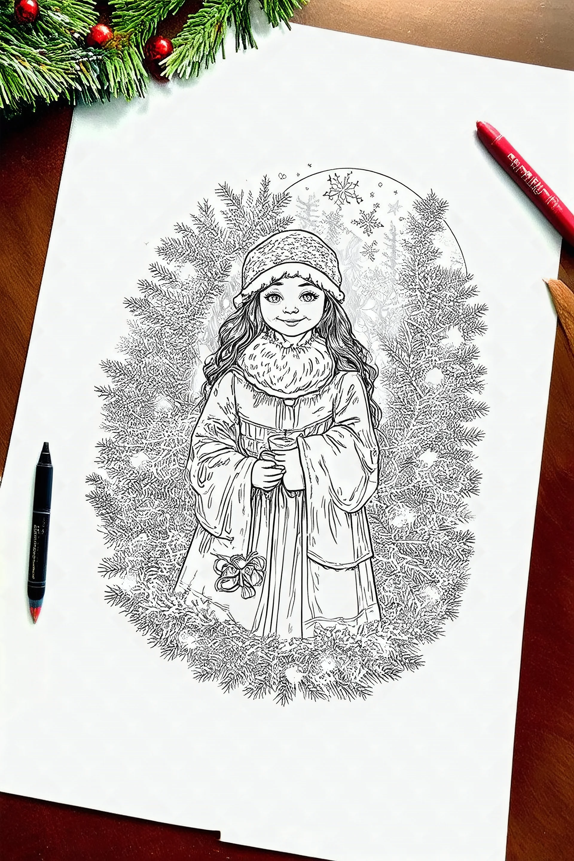 coloring page of a Christmas drawing, A4, white background, black and white, magical style, dreamy, detailed drawing, christmas miracle