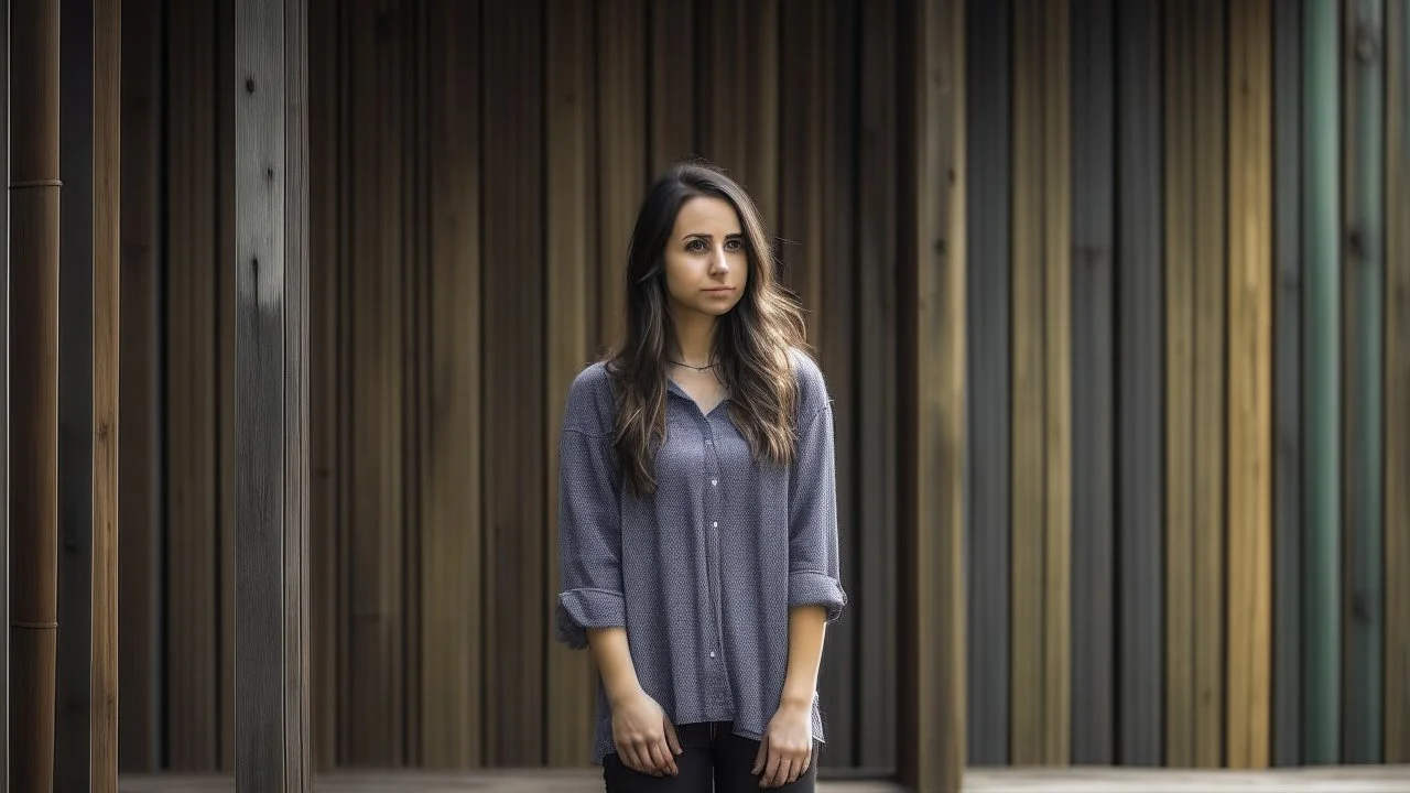 A young woman standing on a wooden deck in front of a rustic building with corrugated metal siding, with a hazy, atmospheric background.