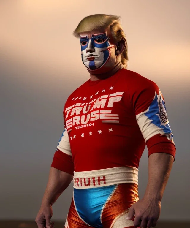 Realistic image of Donald trump wrestler, Mexican wrestling style, Mexican wrestling mask, visible mouth, red and blue breeches, glow us flag dress, suspenders, retro style, 80s, vibrant color, highly detailed, sky background, concept art, unreal engine 5, god rays, ray tracing, RTX, lumen lighting, ultra detail, volumetric lighting, 3d, finely drawn, high definition, high resolution.