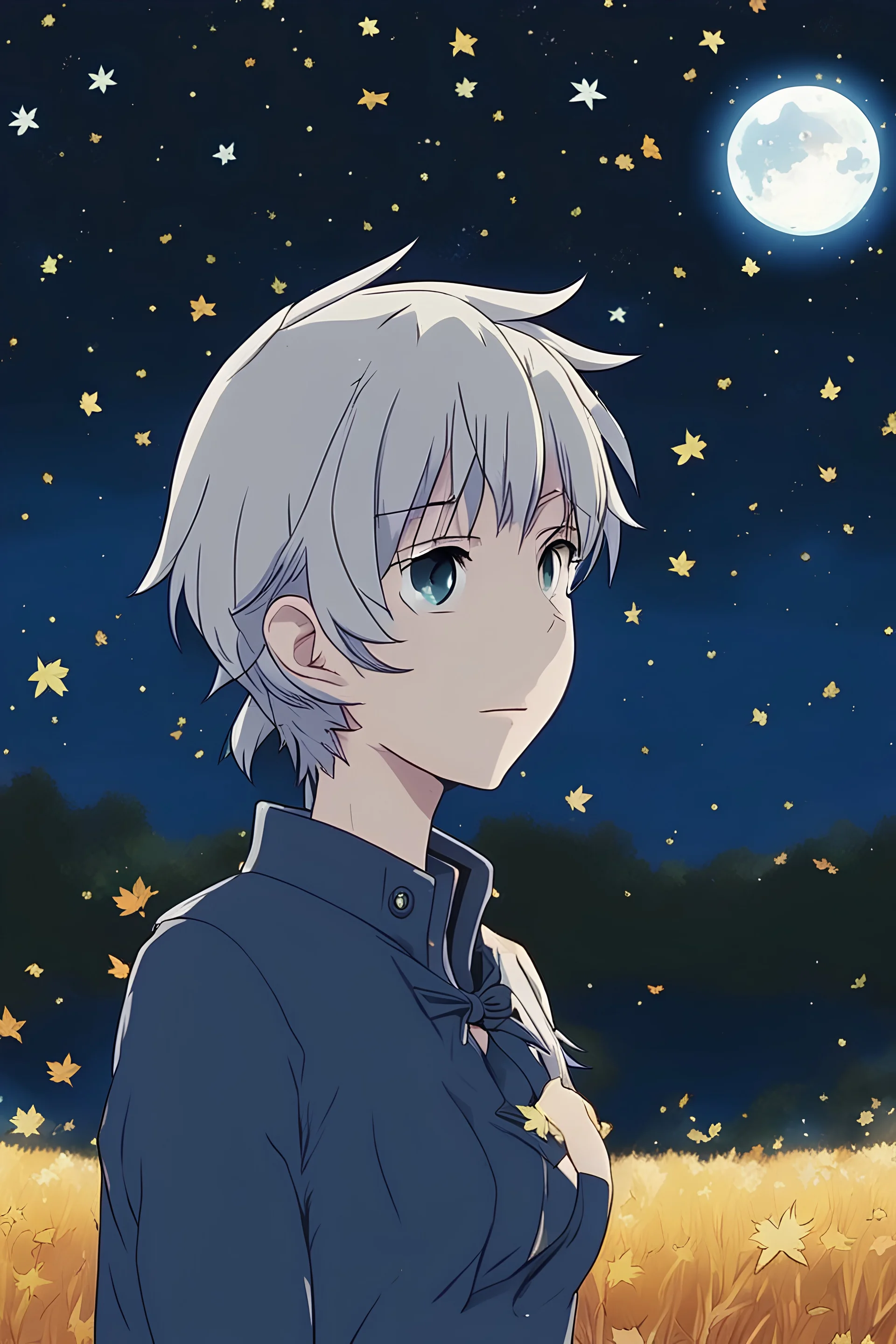 starry night in a pasture during fall anime