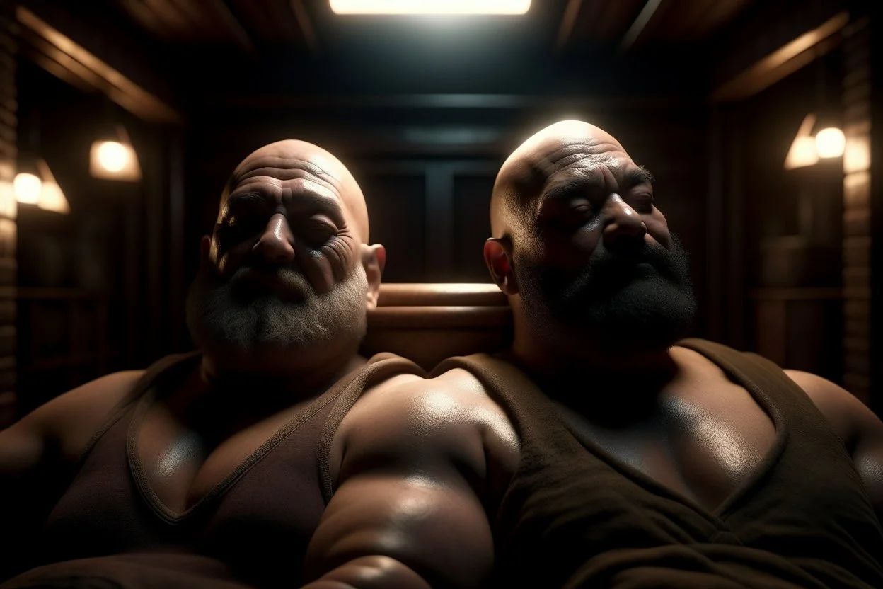 half body shot photography, two muscular chubby ugly burly marocan men , bulge, masculine hairy 54 year old man, bald, currly beard ,big shoulders, big arms, big legs, bulge,, ambient occlusion , lying down sleeping in a steamy Sauna, super high resolution, 8k, dim light, side light, ultra hyper realistic, frontal view