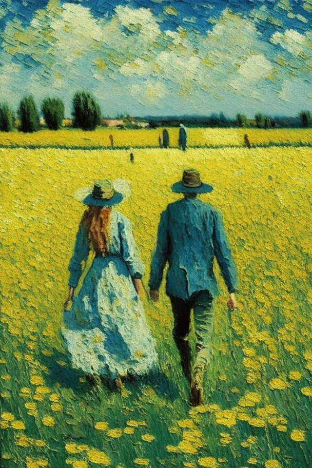 young couple walking in field of flowers by van gogh