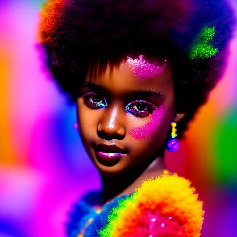 full body shot, masterpiece, best quality, child, dark skinned, sparkling eyes, fluorescent skin, colorful makeup, afro, highly detailed body, sun light, 4K, RAW, depth of field, high contrast, realistic details, 24mm