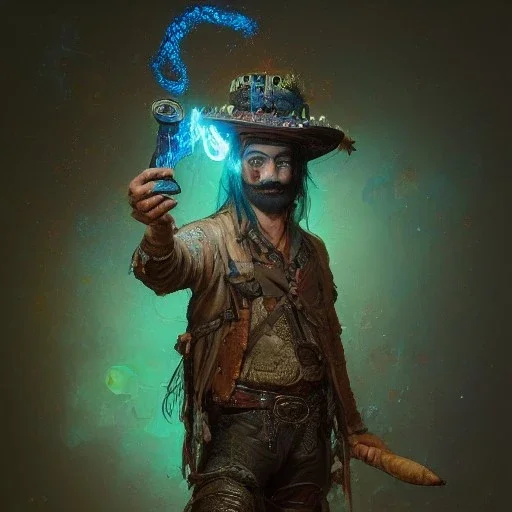 Insanely detailed photograph of an “ a mustachioed cowboy warrior "with worn Sombrero, handsome charo,cigar,glowing bluish green orb in outstretched hand, hyperdetailed painting by Ismail Inceoglu Huang Guangjian and Dan Witz CGSociety ZBrush Central fantasy art album cover art,8K, hdr, mysterious, flickeringlights ,Stoic