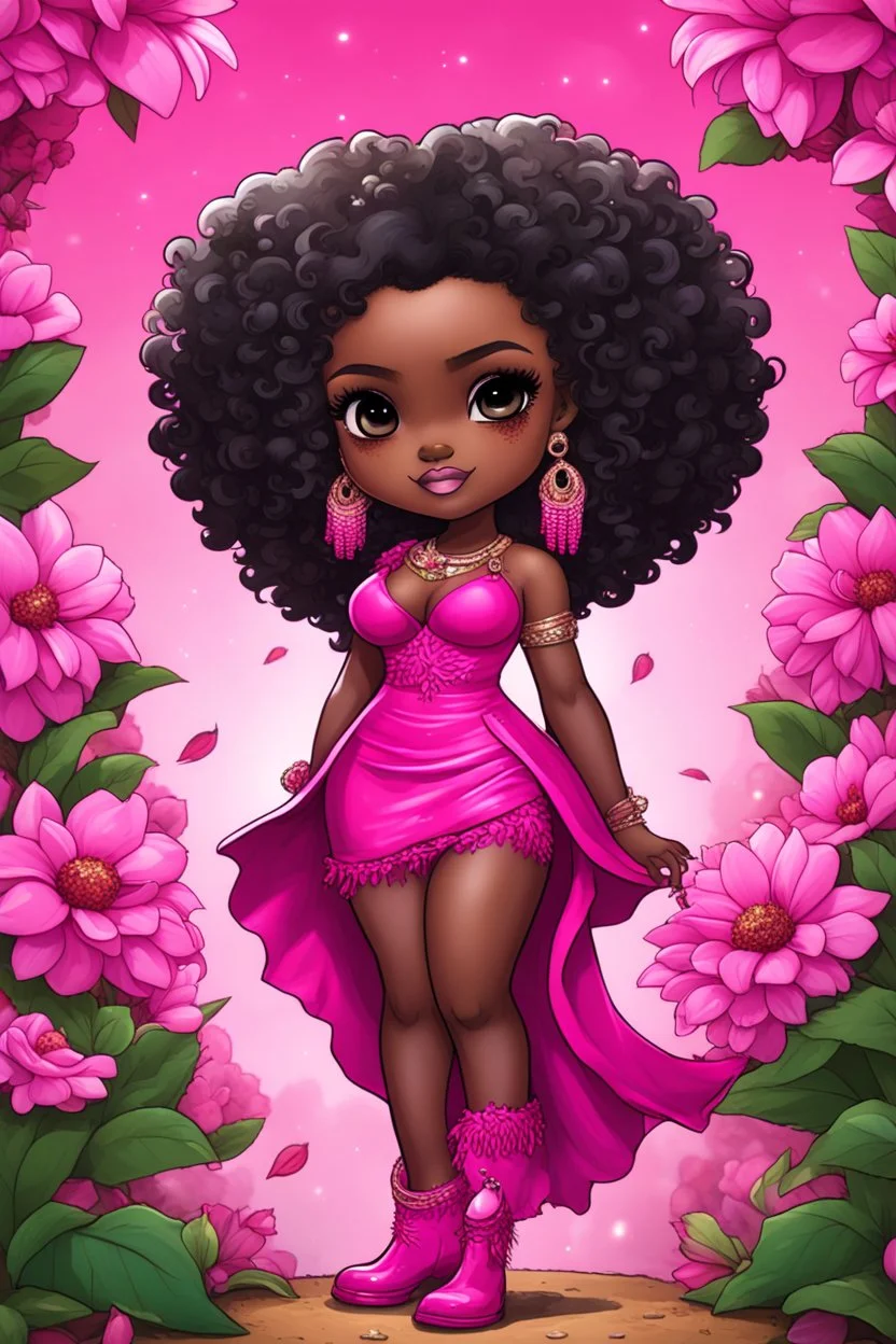 create a comic book art image of a chibi curvy size dark skinned Black female wearing a hot pink maxi dress with sparkle hot pink cowboy boots. Prominent make up with brown eyes, she is wearing hot pink feather tassel earrings and lush lashes. extremely detailed tight curly ombre afro. background of pink and silver magnolia flowers everywhere