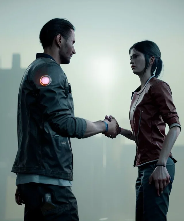 detroit become human, two people looking at each other, real Handshake 10 fingers , sci-fi fantasy style, volumetric lighting, particales,highly detailed,cinamatic, deep colours,8k.