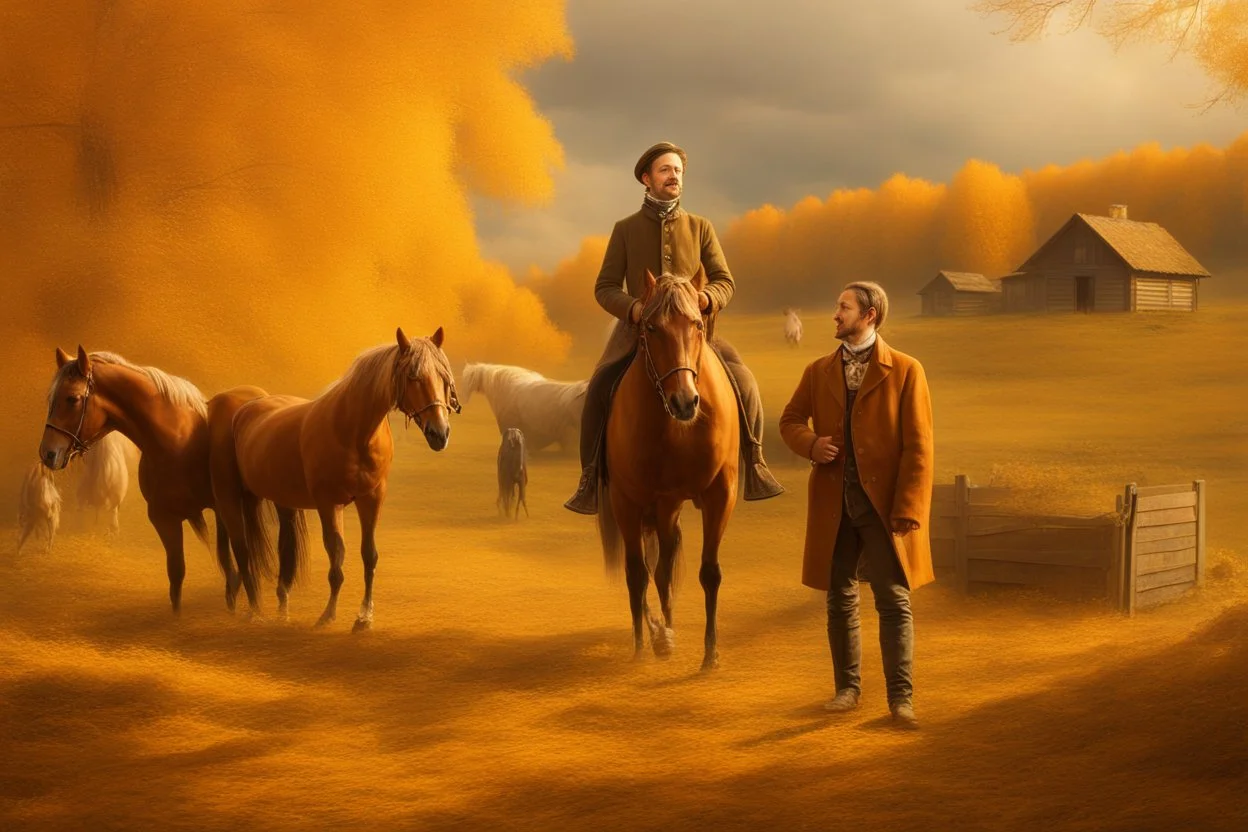 Fascinating, ultra-realistic nature in the photo. Golden autumn. A 32-year-old man in 19th-century Russian clothes walks towards the horses with his head raised to the sky, a smile on his face. In the background, a 19th-century estate and three horses stand at the outhouse.