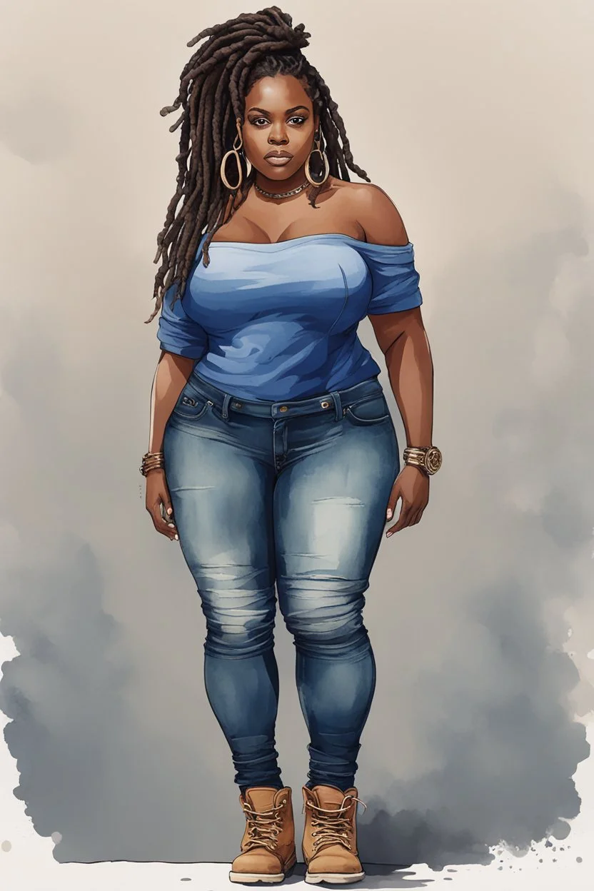 Create a watercolor image of a curvy black female wearing tight cut up jeans and a off the shoulder blue tshirt with timberland boots. Prominent make up with hazel eyes. Highly detail dread locs