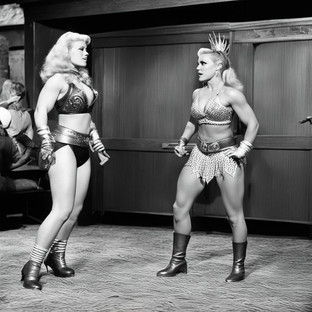 [Amateur high res photography by Ray Harryhausen: confrontation, face to face, hands on hips] Next up on the apartment house carpets will be blonde Jody taking on Luchadora Sierra. This will be Sierra's membership match. Can the tall, willowy, toned and muscular, Sierra, get past the famous Jody "Fall" Banks? We will soon find out just how well the braided haired beauty has been prepared to defeat the blondie girl for our club