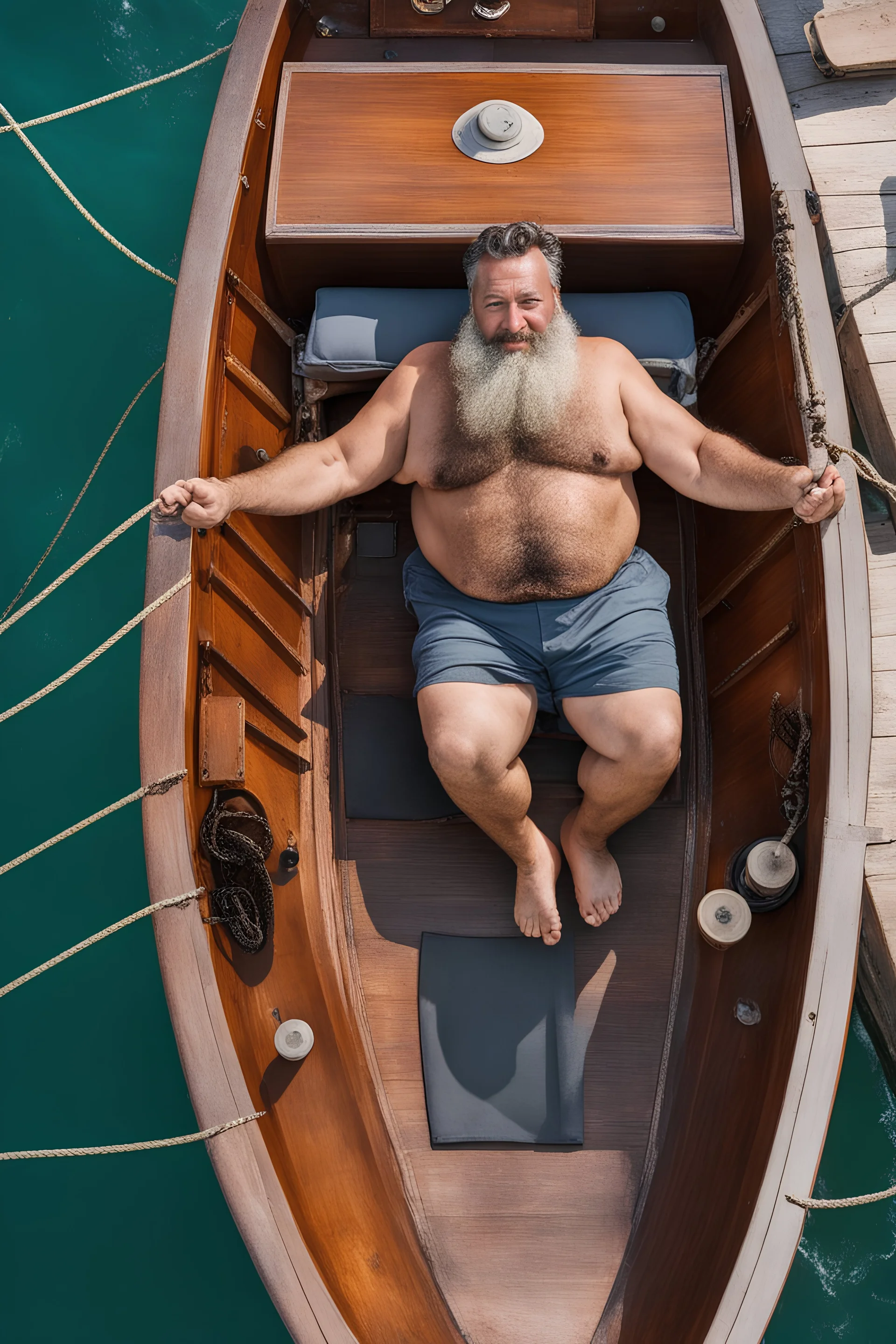 aerial photography of a burly chubby turkish fisherman happy sunbathing lying down on the large bow of a huge fischer wooden boat in open sea, manly armpits, manly chest, hairy chest, ugly, 56 years old, curly beard, bullneck, short bulging ripped pants, muscular, emotive eyes, photorealistic, 35mm lens, Canon EOS, 8k , view from the ground