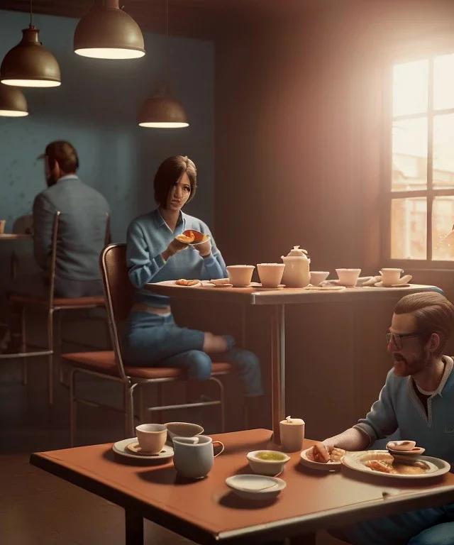 Realistic scene, man and woman sitting in cafeteria and having breakfast levitating, 0 gravity, Wes Anderson, soft color, highly detailed, unreal engine 5, ray tracing, RTX, lumen lighting, ultra detail, volumetric lighting, 3d, finely drawn, high definition, high resolution.