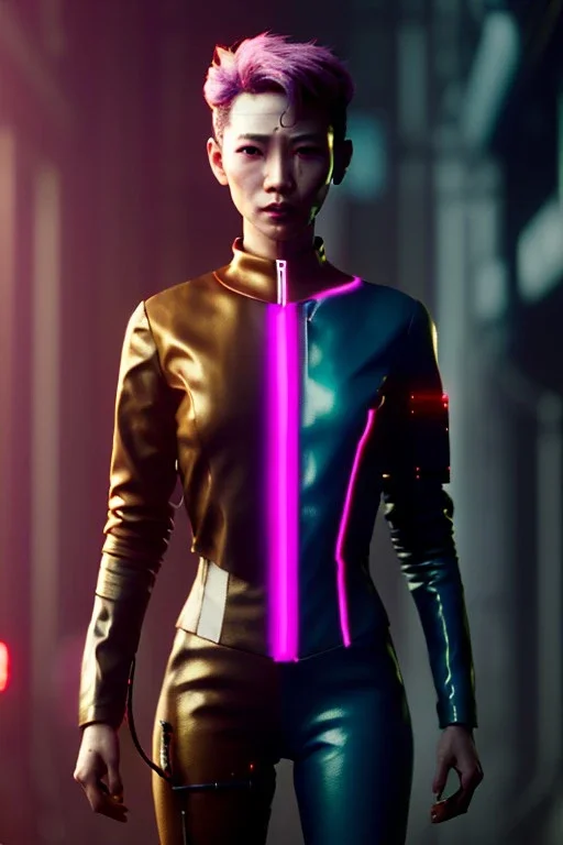 Waist up shot photo, thriller style, Asian cyborg woman, blade runner style :: symmetry photography, cyberpunk, pink hair, makeup, long line eye, light iris, :: latex coat, wires and circuits, pink, white, black :: cinematic, Ultra realistic, dark scene, soft color, highly detailed, unreal engine 5, RTX, ultra detail, 3d, finely drawn, high definition.