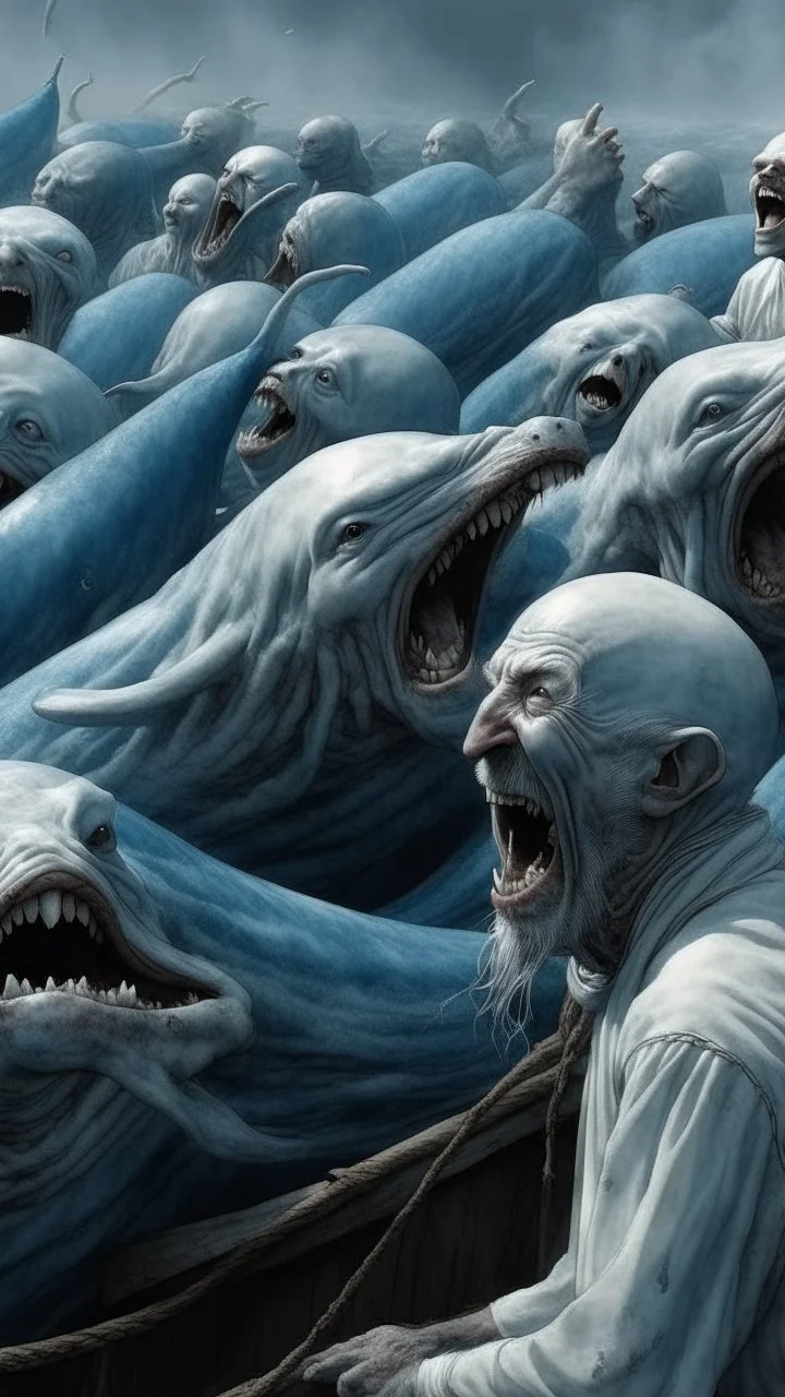 sailor throws harpoon at a big white whale from an old fishing boat, 8k, detalied