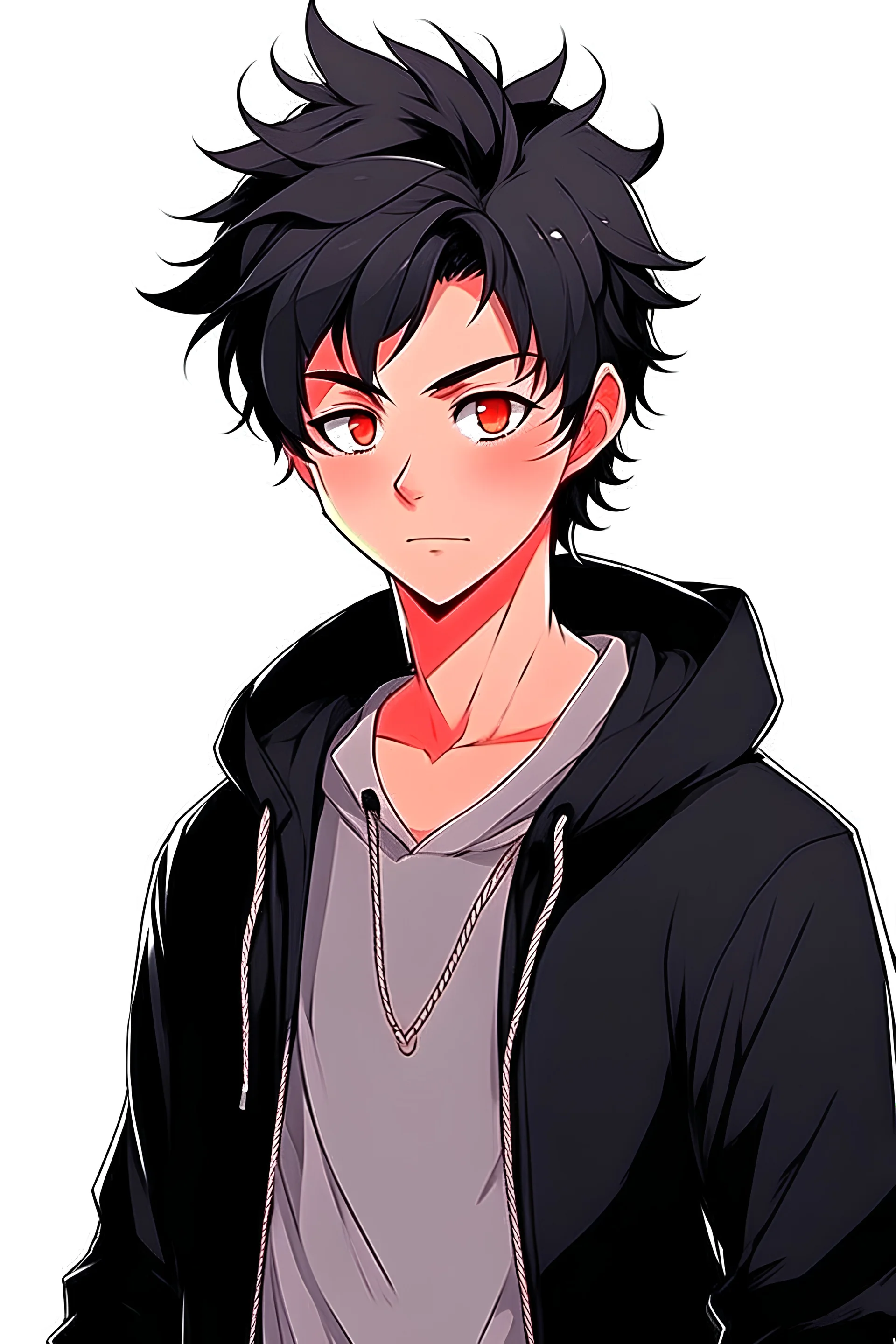 A boy 19 years old with black ish hair wearing black hoodie and a Feather owls,Okkutsu Yuts Hairstyle,Anime