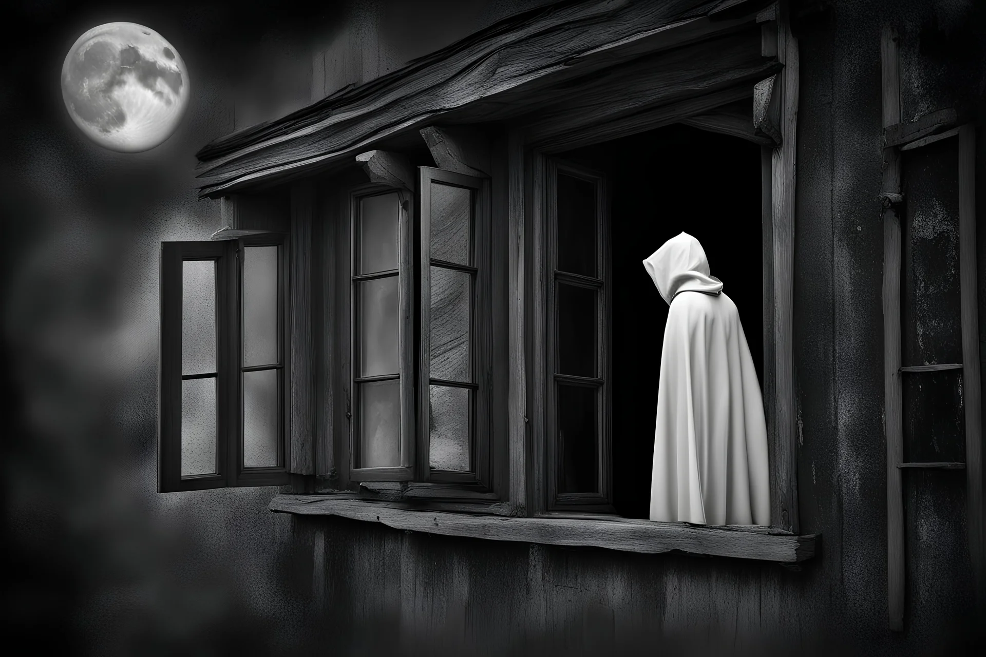 fantasy, black and white, surrealist, high contrast, high shadows, ambient mystery, tim burton character, a woman with cape and hood is outdoor, a woman old wood house and look through window inside house, woman with her back to the camera, close up window, light on inside house, woman in front of window, reflection moon in a glass window