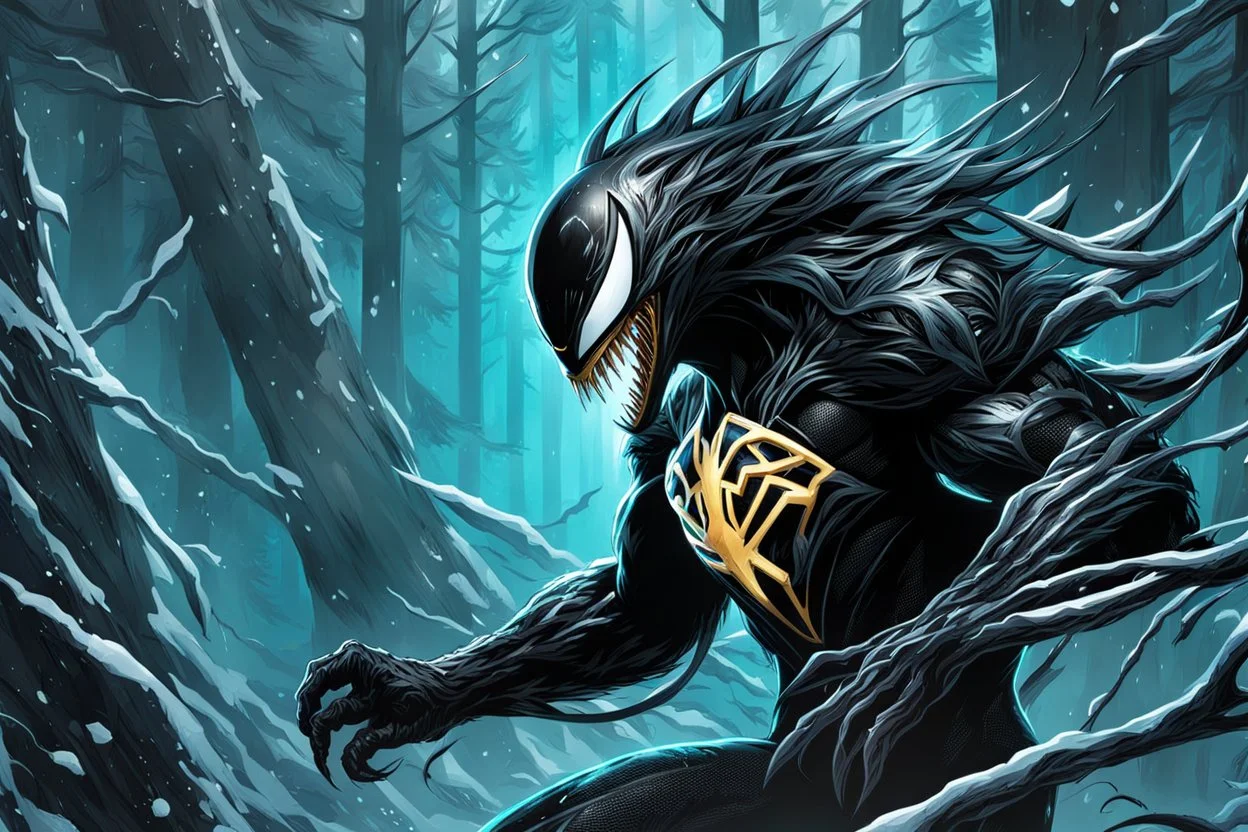 Shadow symbiote in 8k graphics novel drawing style, bear them, neon ice power, ice forest, highly detailed, high details, detailed portrait, masterpiece,ultra detailed, ultra quality