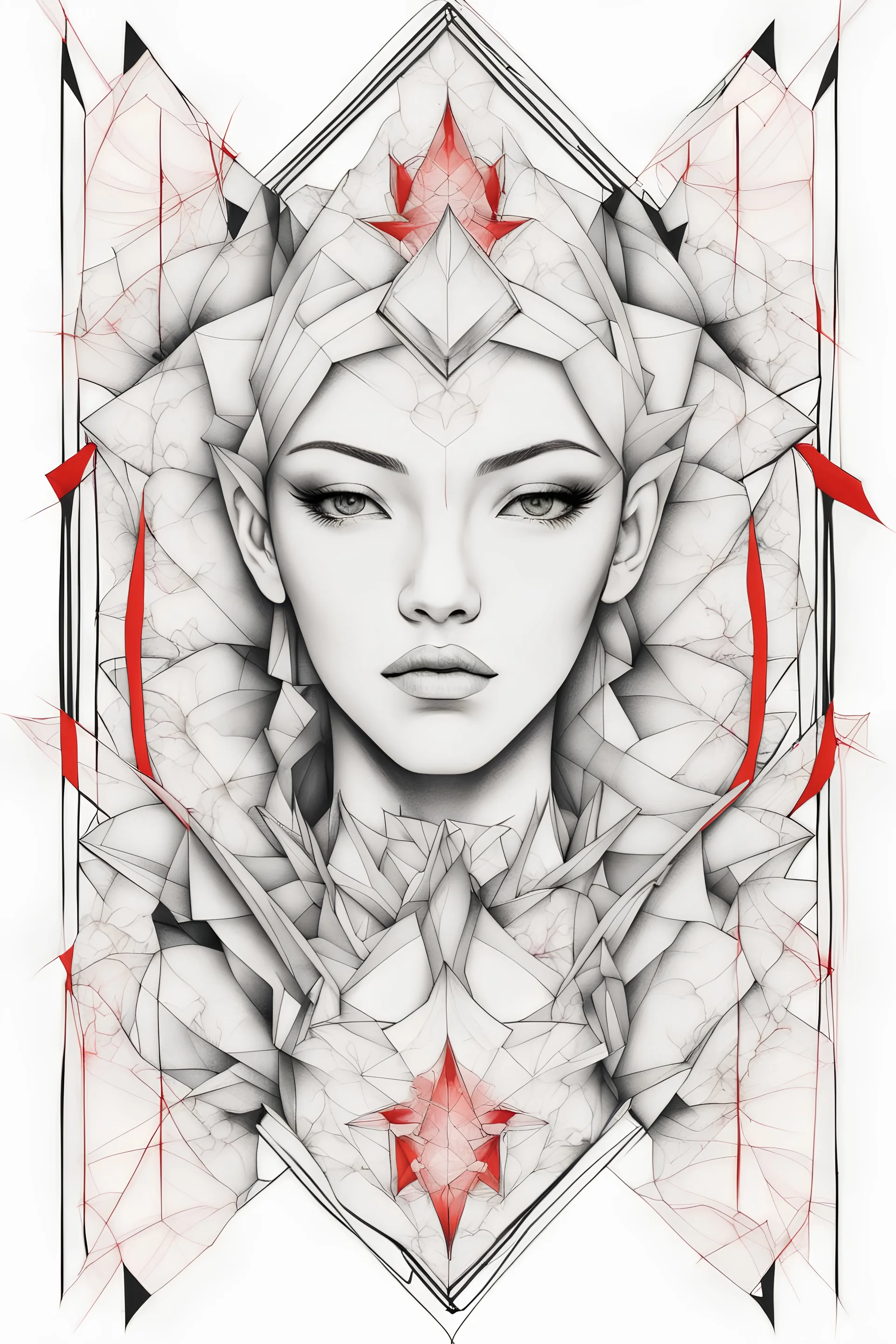 Create a captivating modern 2d lineart black and red ink tattoo design for print , prestigious Diamond using the elegant influences of japan art style, for print, dynamic elements from fashion and design, and bold Japanese contemporary art aesthetics, framing centered in the center, distanced from the edges of the paper perimeter, perfect anatomy, bauhaus, Divine Proportion,