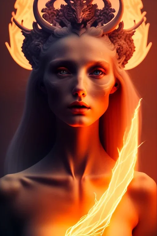 portrait photography of an ethereal beautiful animal goddess, Fire theme art, Dark moody night atmosphere, Portrait of a woman by Michelangelo, 8K, close-up face, anatomically perfect face, oak tree roots, ignore NSFW