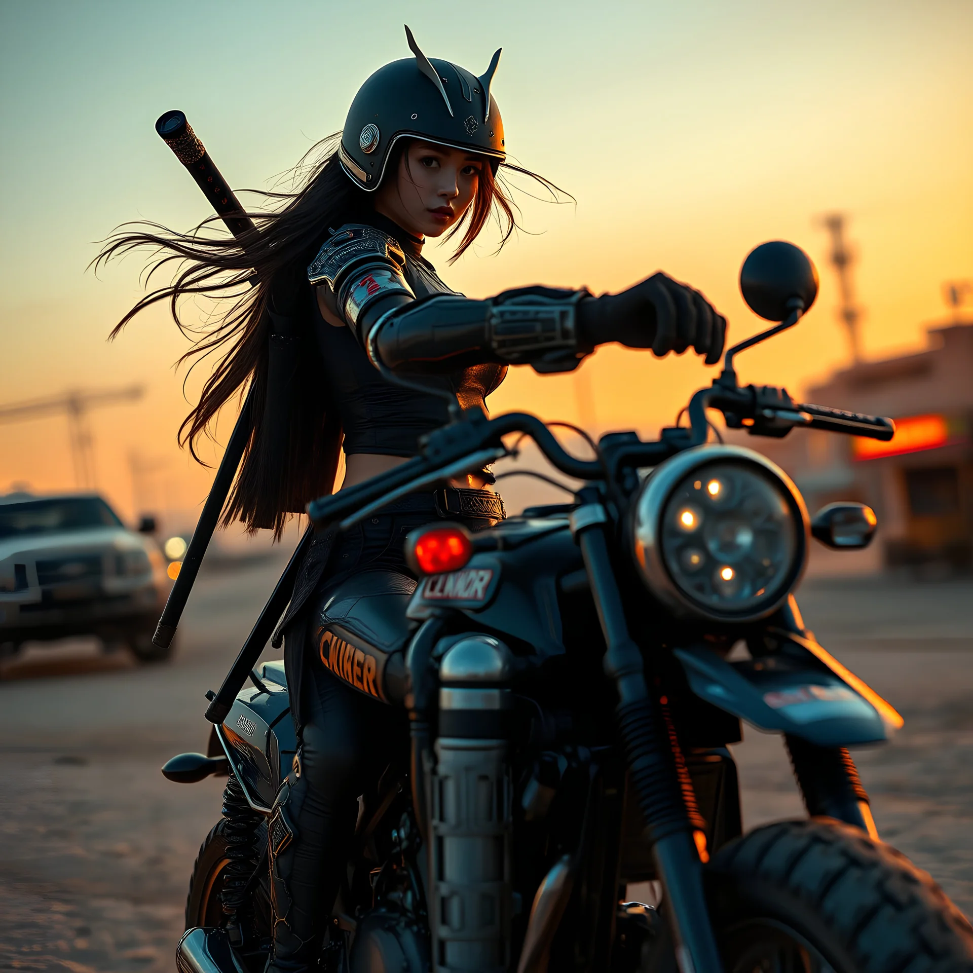 In a post-apocalyptic desert city at twilight, Asian cyborg female samurai warrior with hair flowing free, without a helmet, katanas strapped to her back, is riding a road warrior style chopper, photorealistic, award winning photography, cinematic lighting