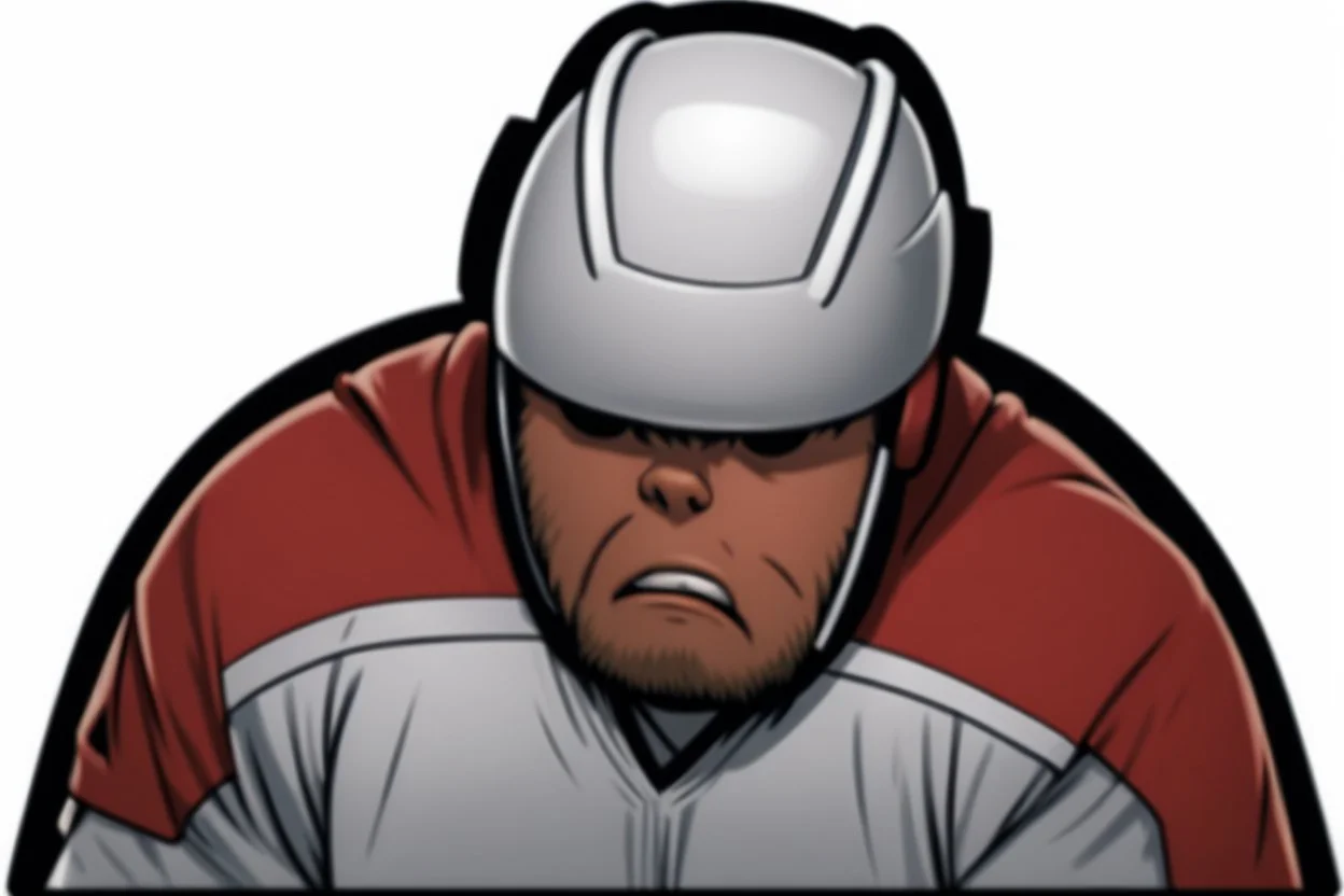 calvin angry pouting with head down wearing a hockey helmet, line art cartoon