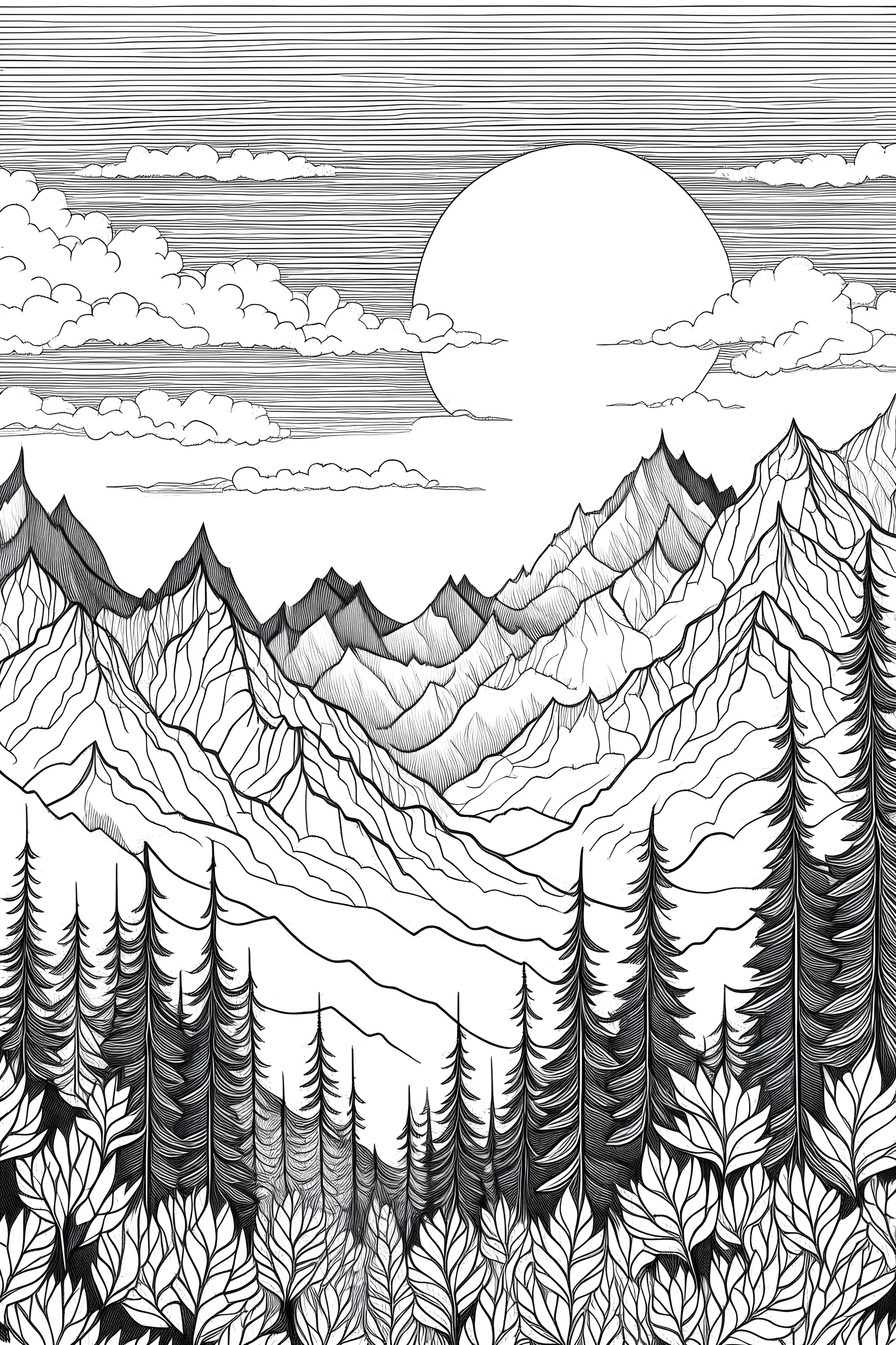 black and white coloring pages for adults featuring mountains, no shading