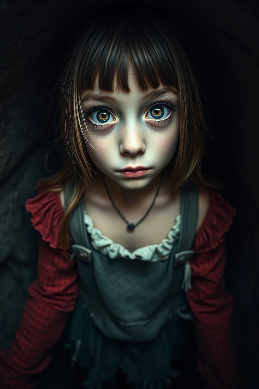 Closeup tall Girl goth with big eyes, around her valves, inside claustrophobic, ragged clothes, fullbody, the perspective looking up from the bottom of an empty well , 8k,macro photography,