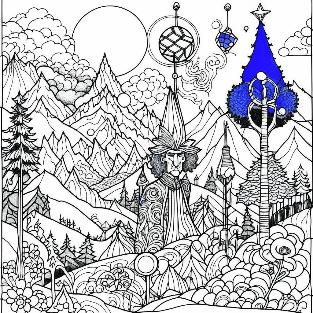 Outline art for coloring page with a cute mountain landscape white background, sketch style, only use outline, clean line art, white background, no shadows, clear outline reprezentand o imagine pe tema halucinatiilor provocate de droguri , cu culori primare tari, fantezie de înaltă definiție calitate clară, stiluri de Utagawa Hiroshige, Paul Klee Dee Nickerson și Tim Burton, acuarelă topită și contururi de cerneală neagră pe hârtie umedă, linii moi, umbrite