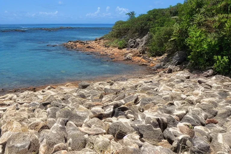 A rocky beach with a lot of lizards