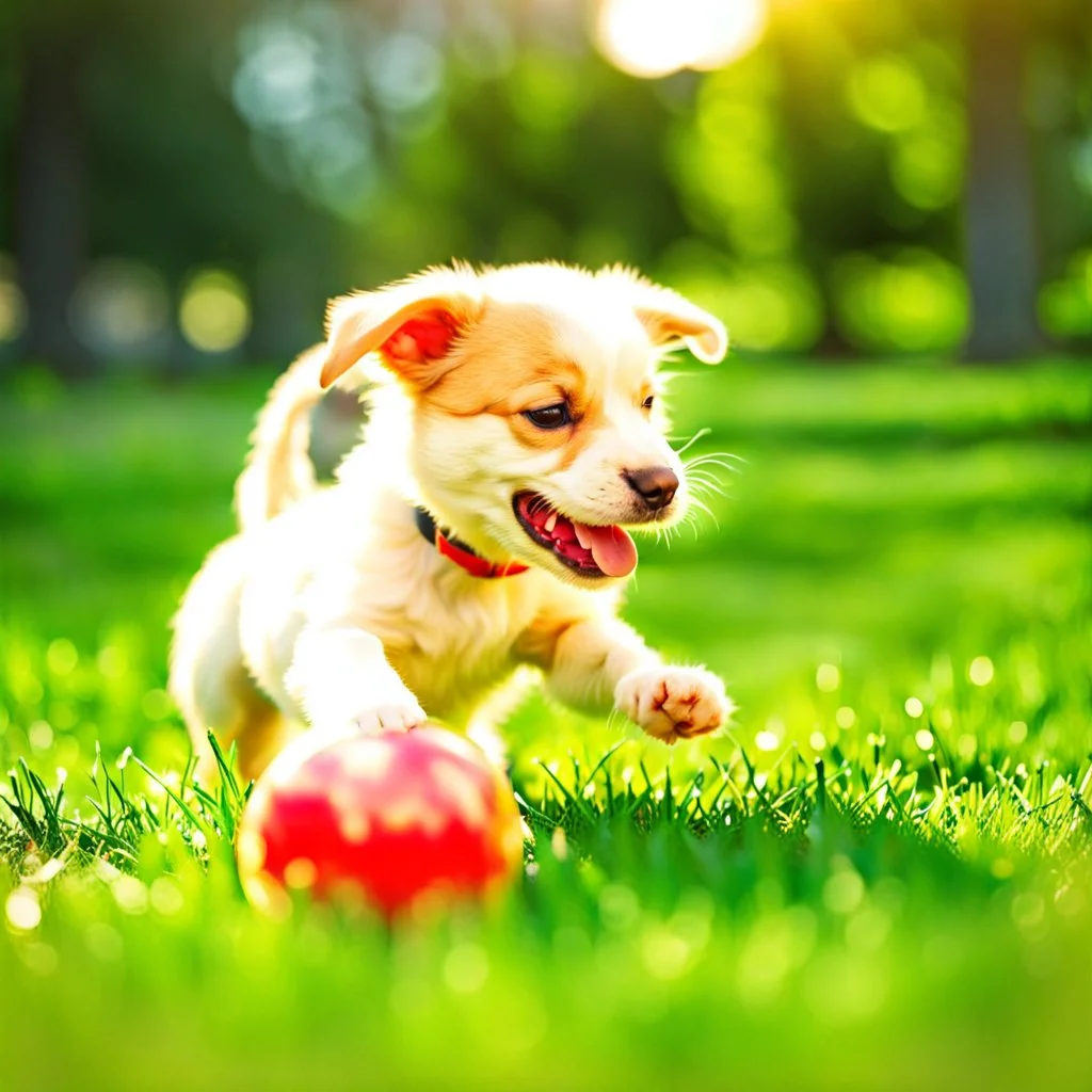 Cute puppy playing with his ball in the park.