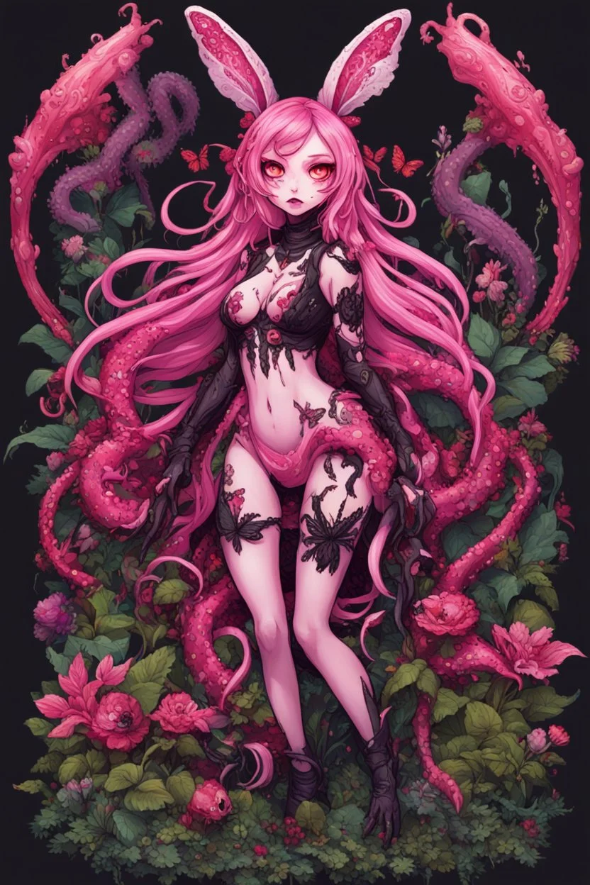 8bits, pixel art, butterfly, highly detailed, pink, rabbit, blood, scythe, goth woman, leaning pose, full body, squid, intricate detail , plants, wildflower, nest, octopus, fly,Demon girl, creepy, horrifying, sinister, sparks out her mind, rare pose, sparks around,enchanted girl with cyberkatana,darkred slime Goth girl,