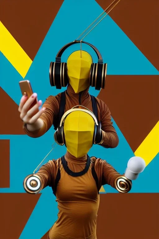 Geometric 3D tiling and cinnamon on the background. Bronze color, Yellow, Black Cyan photograph Cyber-punk, full-mask, AKG-style big headphones, golden rings & disc, fencing mask. Selfie archer. Asa Akira, lightly armored, electronic circuits. Thick tights, thick calves, bend fell, wide hip, flat belly. Ancient artifact attached. Perfect body. Daft Punk, Tron Movie. Matrix movie clothes, Silver leather area, tippet, latex. Wicked sneakers. 1990's, old telephone microphone. Surreal. Haute Couture