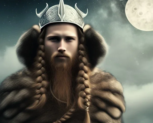 a sad and lonely viking looking up at the stars at night, hyper realistic, 8k, insane detail, atmospheric background, crying eyes, big fur coat, long braided hair, sharp focus, soft background, dynamic lighting, viking helmet, night time