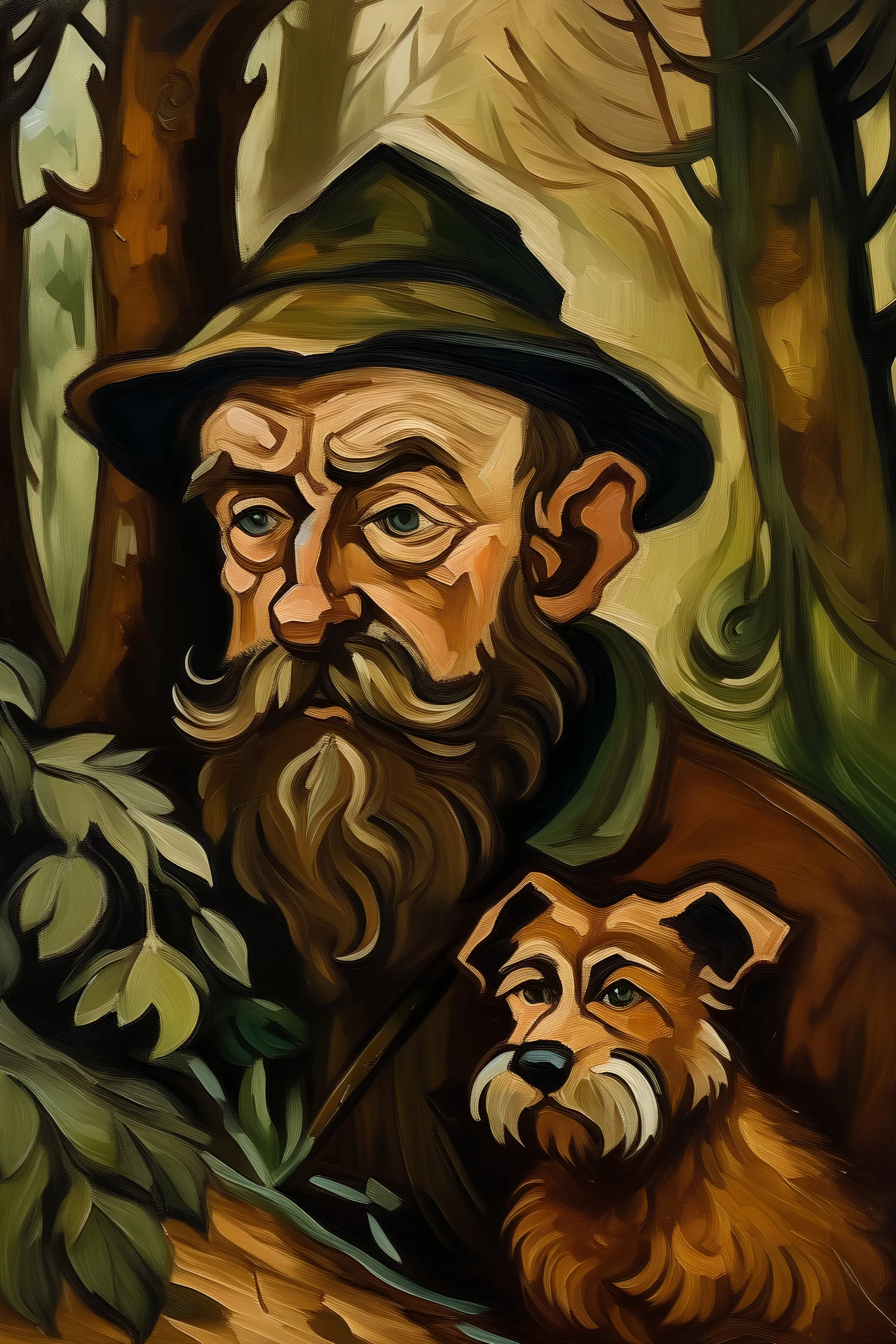 Portrait eines Zwerg-Rehpinschers im Wald im Stile von Franz Marc. Überwieden in Wald- und Erdtönen gehalten. Außer der Hund. Der ist schwarz.