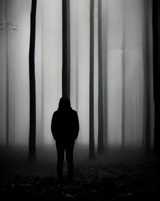 Sad person, greyscale, forest, cloudy, midnight