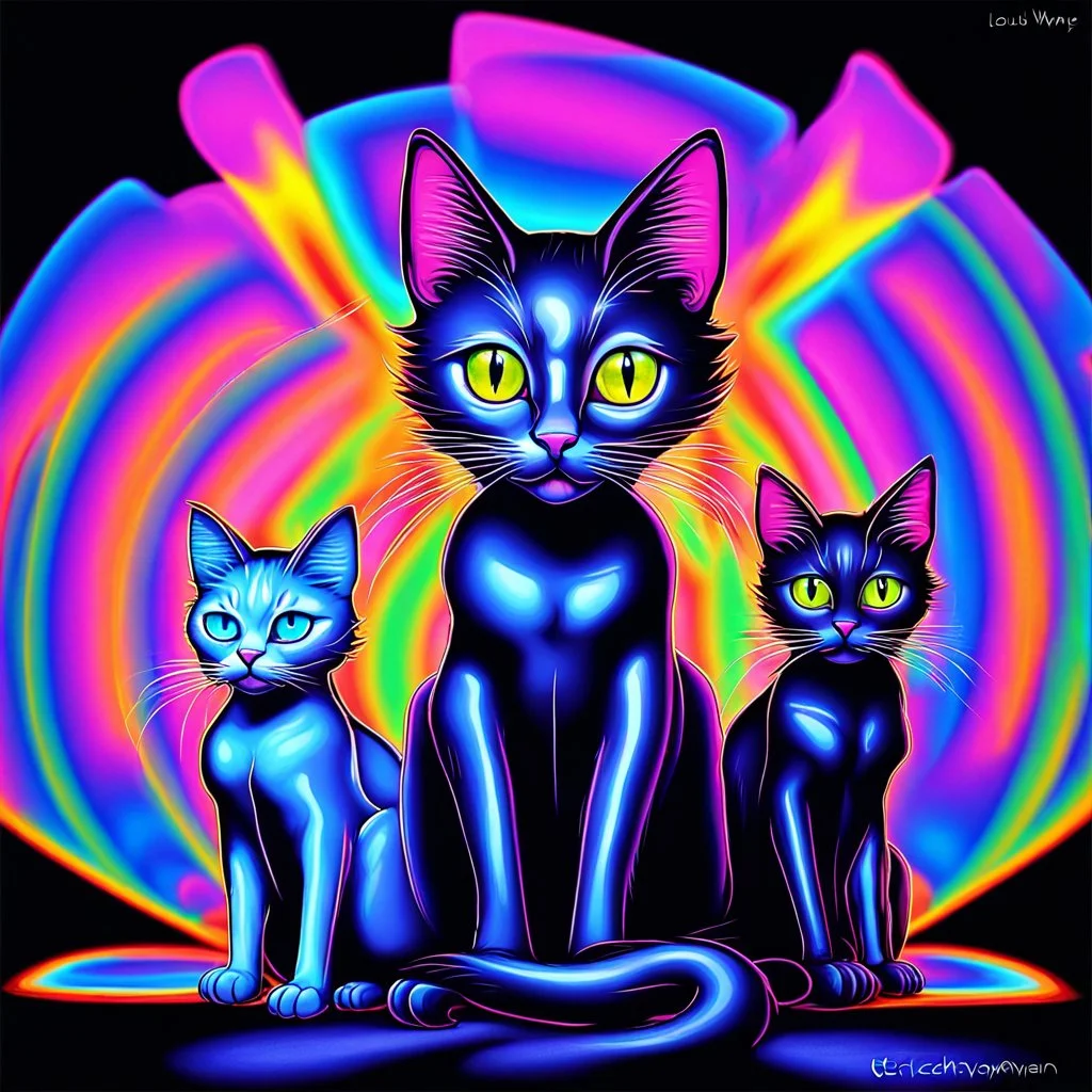 A cat with blue eyes is sitting on an armchair and next to her are three sweet and beautiful kittens against a black background and they are all looking at the camera, computer graphics by Louis Wayne, Behans, psychedelic art, quantum wave racing, psychedelic, mystical