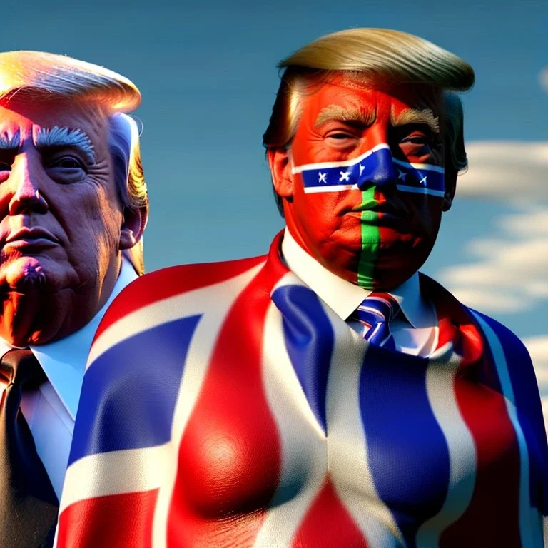 realistic image of donald trump as a mexican wrestling fighter posing outdoors, with mexican mask painted on the face, red and blue breeches, confederate flag cape, naked torso, retro style, 80s, vibrant color, highly detailed, sky background, concept art, unreal engine 5, god rays, ray tracing, RTX, lumen lighting, ultra detail, volumetric lighting, 3d, finely drawn, high definition, high resolution.