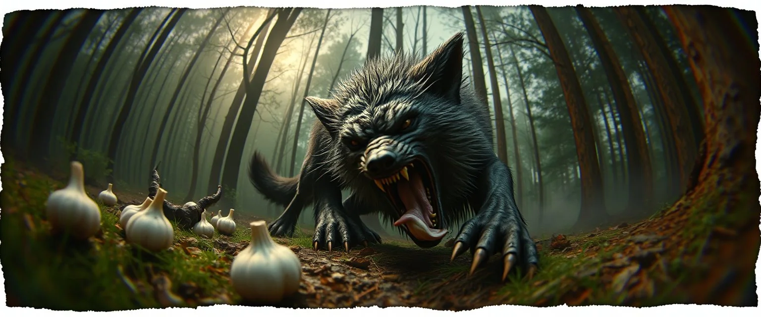 3d airbrush render,i was cooking garlic and went out to eat and something hit me hard and i wake up puked and wrestled a vampire werewolf and ran to the forest to sleep , pinhole cam, airbrush 3d rendering, in the style of Titian and Dali , torn edges on border