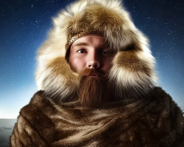 a sad and lonely viking looking up at the stars at night, hyper realistic, 8k, insane detail, atmospheric background, crying eyes, big fur coat, long braided hair, sharp focus, soft background, dynamic lighting, viking helmet, night time