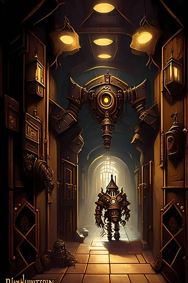 A steampunk dungeon hallway with a knight clockwork robot rpg cover art