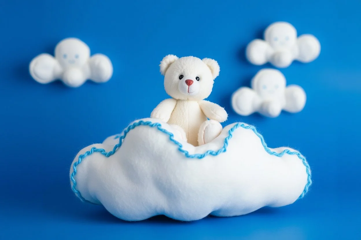 white plushie stuffed toy clouds with blue yarn stitching around edge, a care bear plush sitting on top of the cloud, blue background