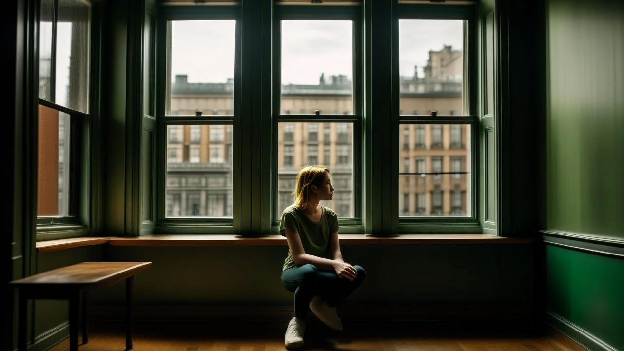 A woman sits on a windowsill in a room with wooden floors and green walls. The window is large and rectangular, offering a view of tall buildings with many windows. The woman is wearing casual clothing and has her legs stretched out. The overall tone of the image is calm and contemplative, with a sense of depth.
