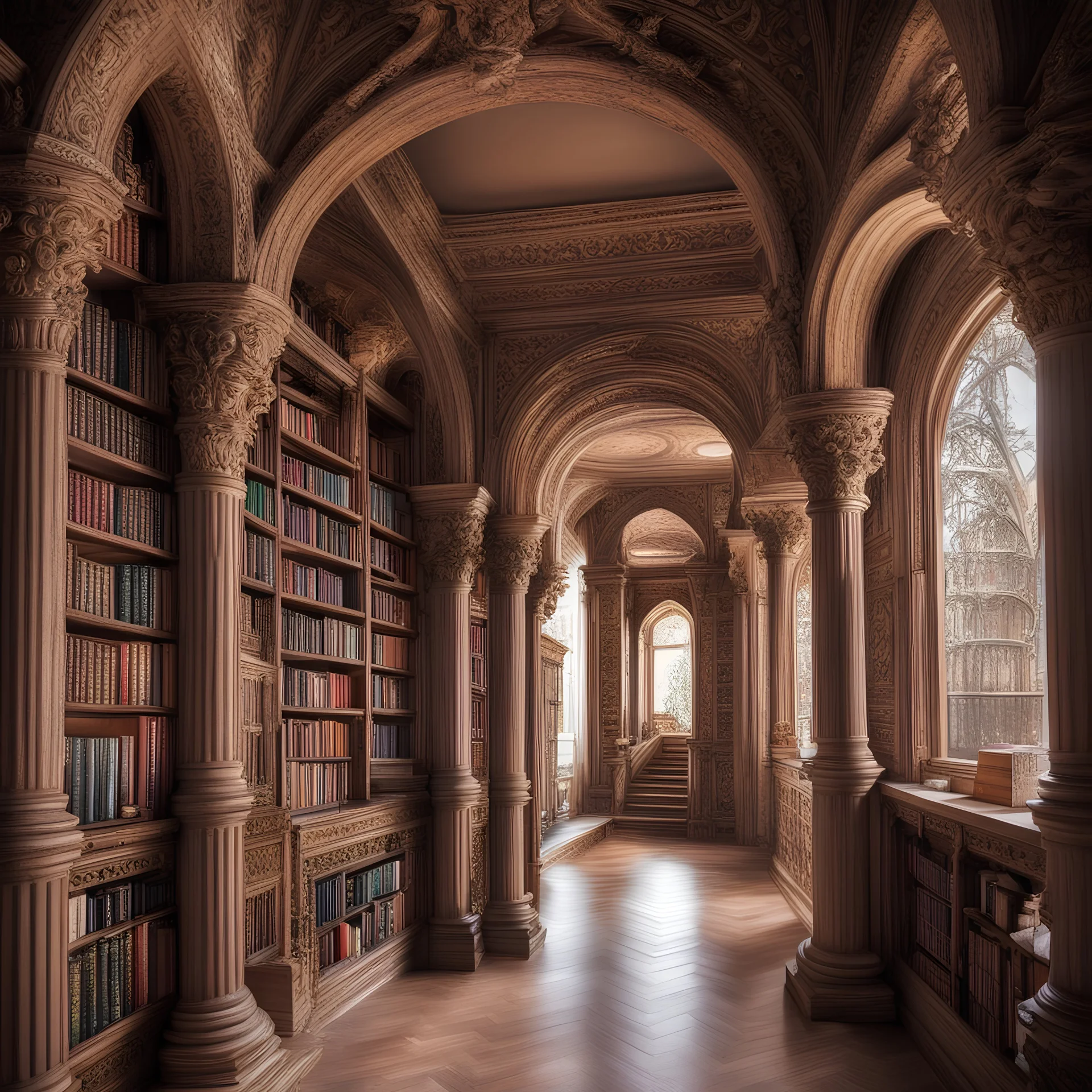 a beautiful corridor on one side of the shelf with books, on the other side there are beautiful pillars connecting with the ceiling with beautiful carved arches, next to the shelf with books there are stairs and a pillar supporting a small balcony protruding inwards, there is another balcony parallel to it, everything is beautifully carved in wood, you can see that it's old wood, next to the stairs there is a small stool carved to resemble a book and an antique bedside lamp