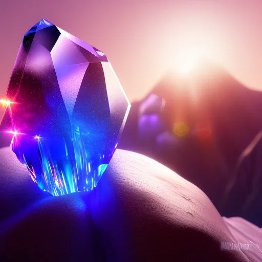 photograph of a (one massive colorful crystal:1.2) growing out of the rocky mountain, (focus on crystal:1.2), 4k, 8k, (highly detailed), ((landscape)),(translucent crystal:1.1), light going trough the crystal, bokeh, chromatic aberration, mountain view, blue and pink background