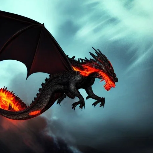  dragon flying with black, opaque scales, volumetric lighting, photo realistic, dark fantasy, dramatic, ferocious, spitting red hot fire out of it's mouth over the ocean with a erupting volcano that is leaking through the sides, dramatique middle ages